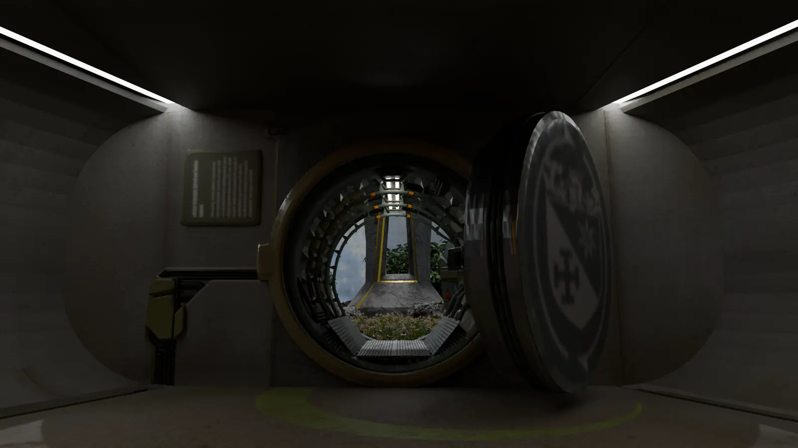 Vault – Trezorové dveře v bunkru, za nimi zahrada – render, 2025